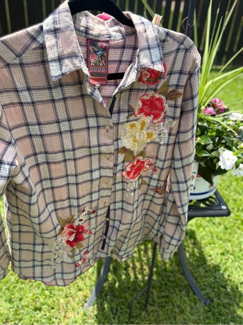 Johnny Was Embroidered Plaid Button Up Shirt Floral Butterfly Boho Small